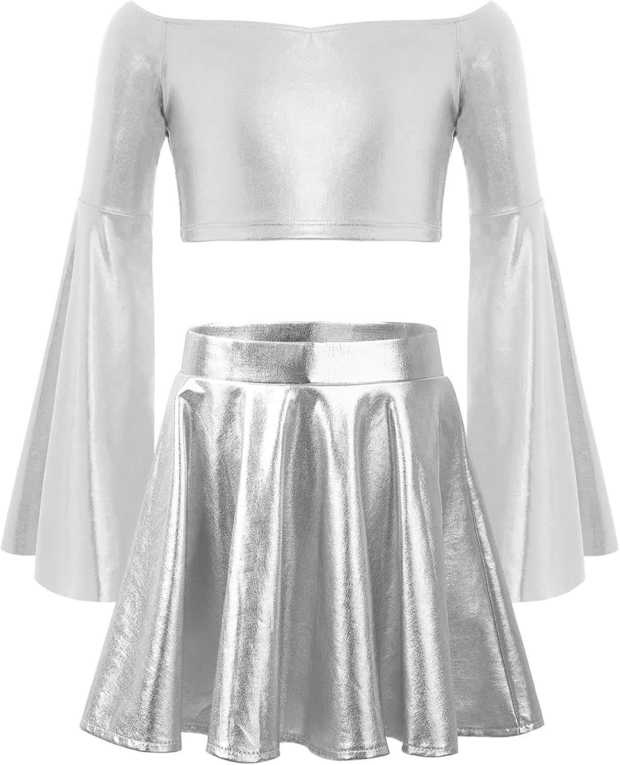 FEESHOW Kids Girls Metallic Long Flared Sleeve Crop Top with Pleated Mini Skirt for Jazz Hip Hop Dancing Cheerleading Silver 10 Years