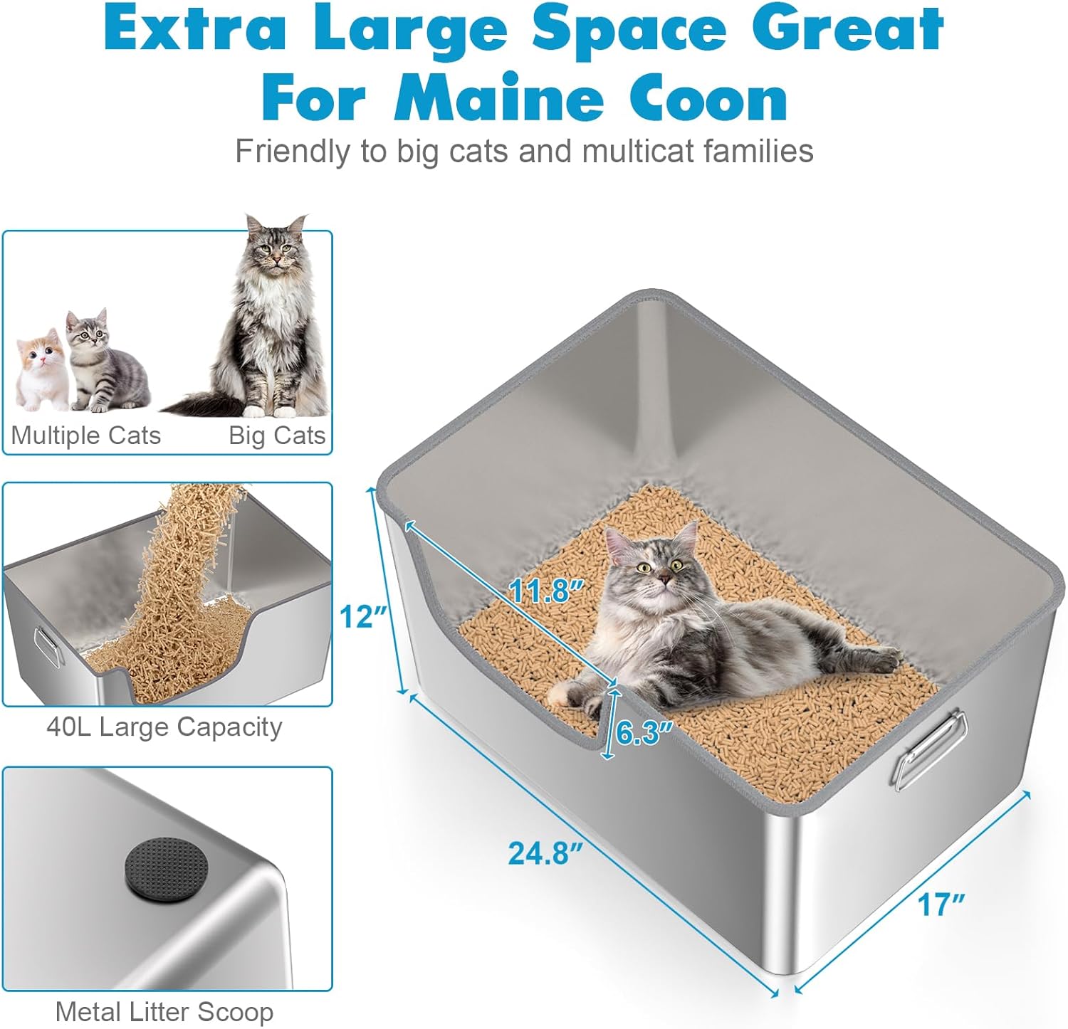 40L XXL Stainless Steel Litter Box with High Sides,No Sharp Edges for Big Cats Maine Coon,One-Piece Deep Stainless Steel Litter Boxes with Tall Sides,Anti-Leakage,Non-Sticky,Easy Clean(Front Entry)