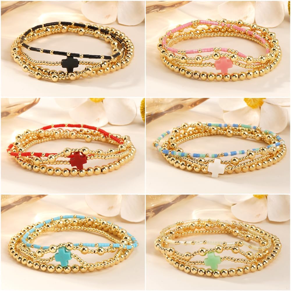 Gold Ball Colorful Cross Beaded Bracelets for Women Boho Stretch Stackable Seed Bead 14K Gold Plated Beads Christian Bracelet Stack Trendy Dainty Jewelry Prom Christian Gift for Women - Image 5