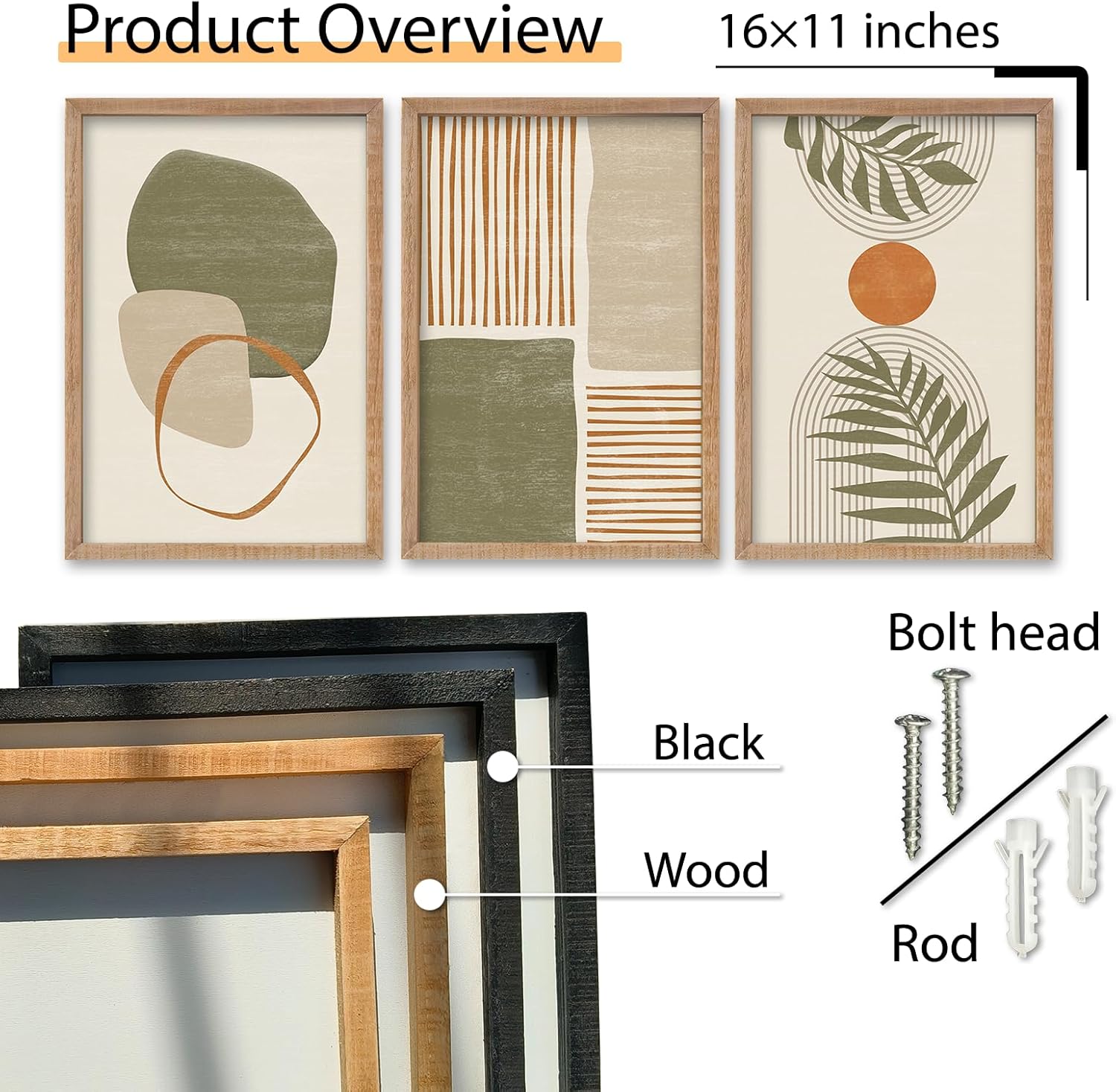 SRSZHIYUE Large Green Abstract Boho Plant Wall Art Neutral Bohemian Set of 3 Wood Framed 16x11 Inch for Living Room Bedroom Wall Decor Hanging (Wood)