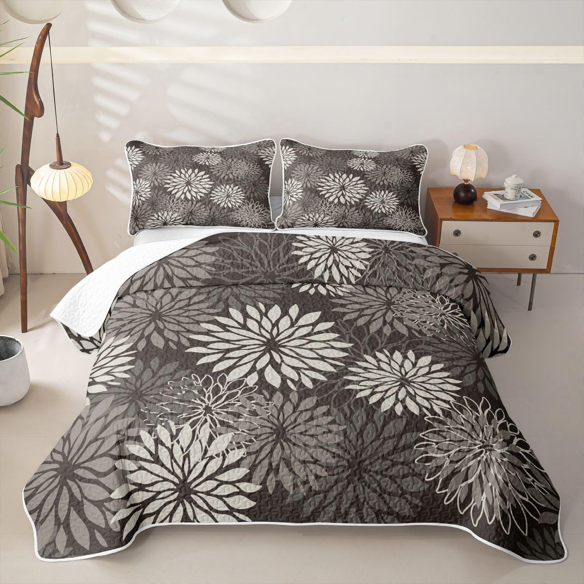 Feelyou Dahlia Flower Quilt Sets Full Size Pinnata Turquoise Floral Kids Boys Girls Quilts with 2 Pillowcases Soft Farmhouse Bedspread Coverlet Set Lightweight Bedding
