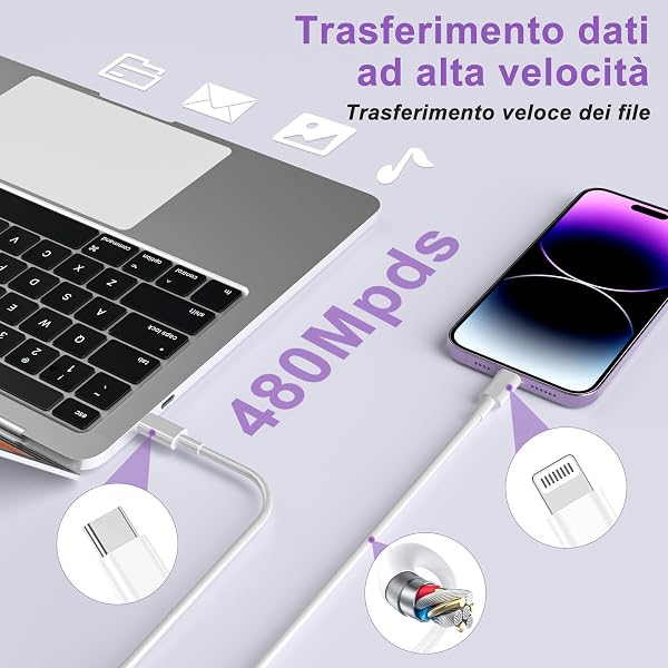 Caricatore per iPhone, Caricatore USB C Rapido Alimentatore Presa con Cavo per Lightning da 2M, Caricabatterie USB C Spina per Apple iPhone 14/13/ 12/11/ Pro/iPad Adattatore Caricabatteria Veloce - 3