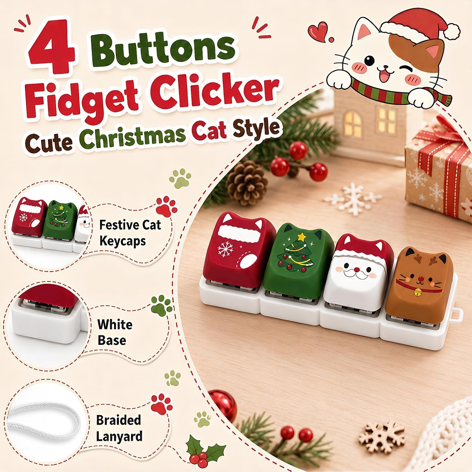 Christmas Cat Fidget Clicker 2 Pack, 4-Key Mechanical Keyboard Clicker Toys with Wrist Straps, Portable Satisfying Tactile Desk Toy, Stocking Stuffers image 3