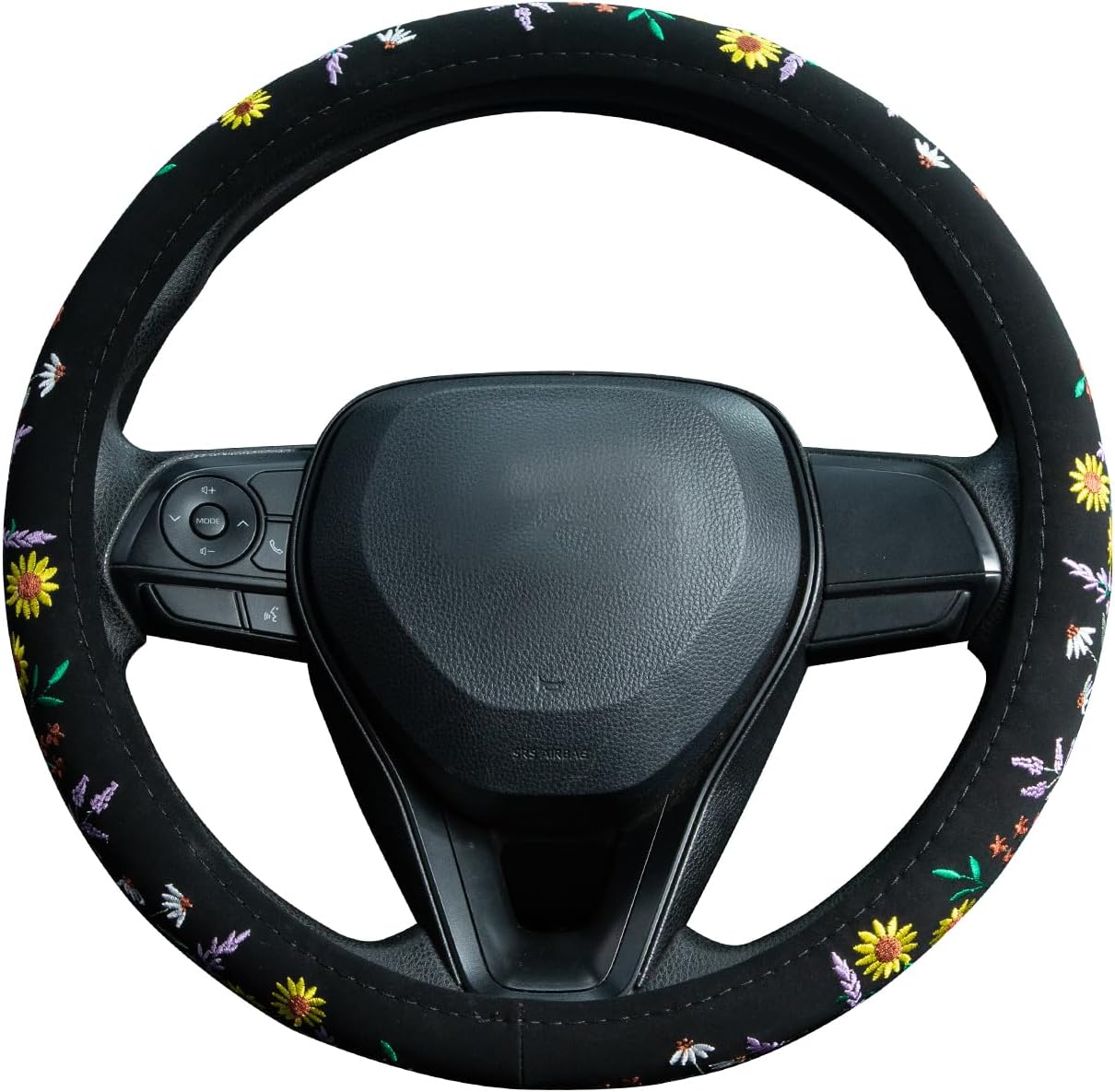 Embroidered Sunflower Lavender Cute Black Steering Wheel Cover, Auto Anti-Slip Breathable Steering Wheel Protector, Butterfly Floral Car Accessories for Women,Universal Size Fit Most Cars -15 inch