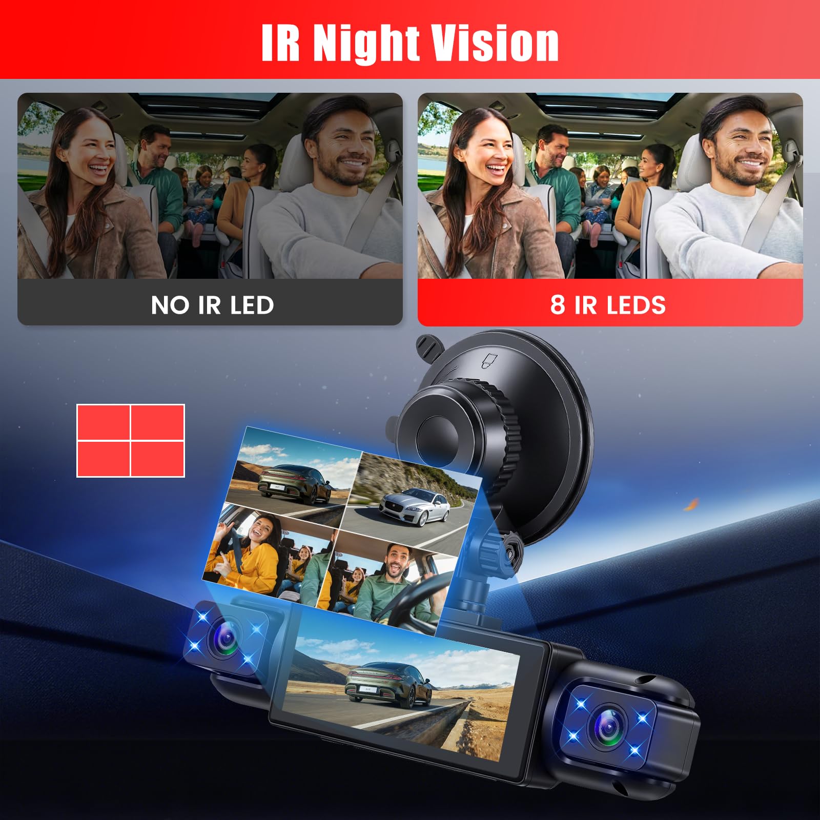 1080P Dash Cam 360 Gradi 4 Canali, Schermo 3.16 Pollici
