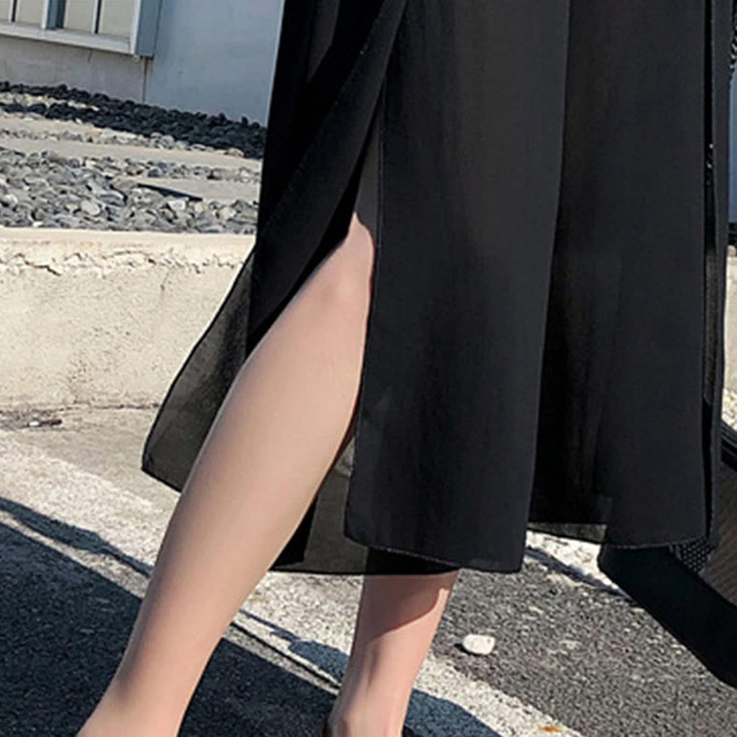 DGHM-JLMY Women Chiffon Loose Slit Culottes Elegant Slit Belted Flowy Wide Leg Pants Pleated Flared Elastic Waist Trousers