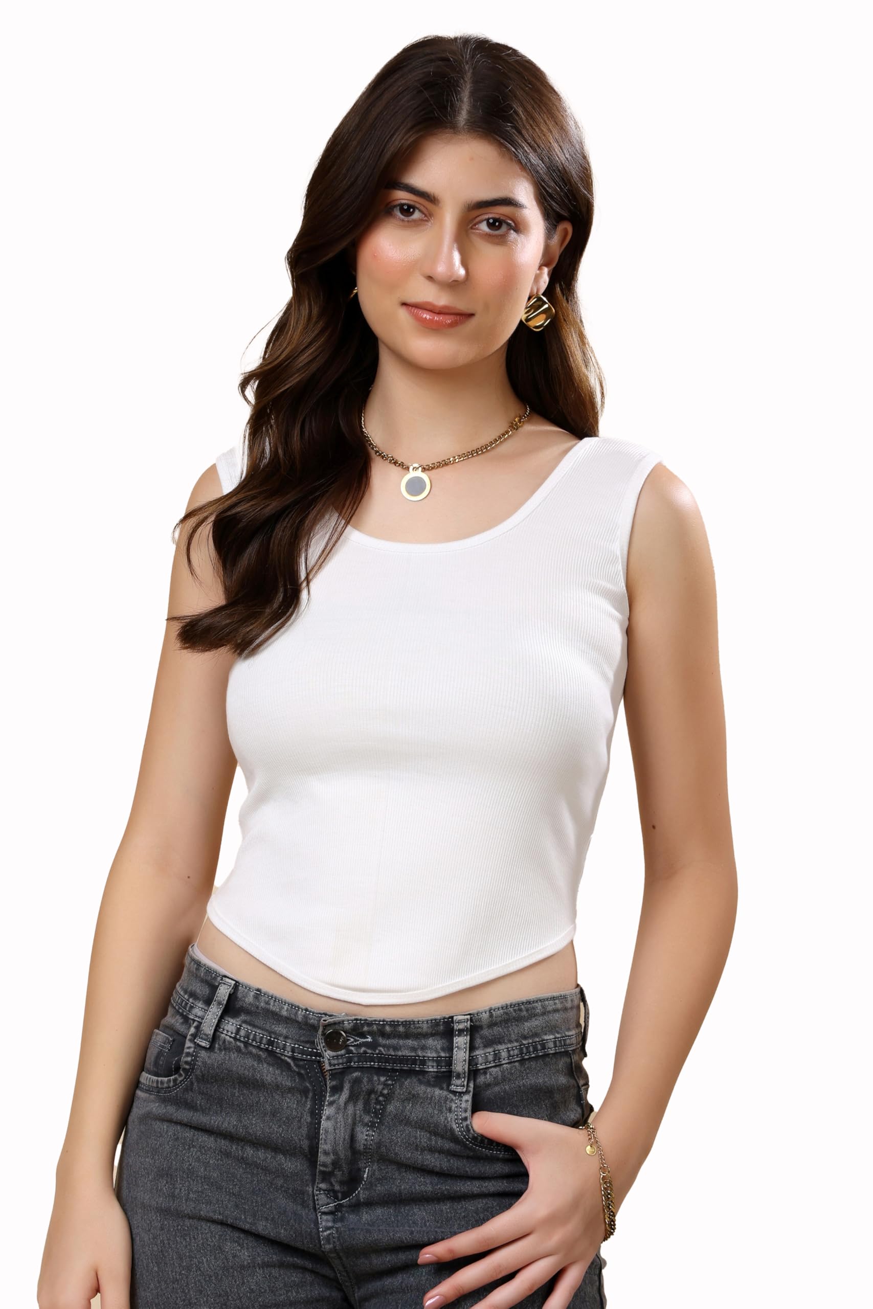 kex Women’s Solid Slim Fit Ribbed Spaghetti Strap Top – V-Cut Round Neck-picture-44