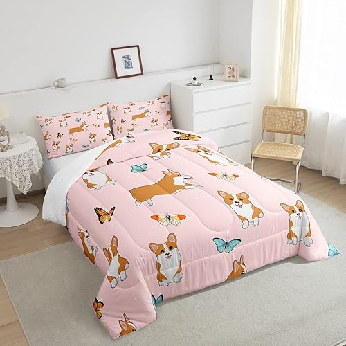 Miniatura 4 de Erosebridal Juego de edredón de perro para niños, lindo juego de ropa de cama de Corgi multicolor, juego de edredón de mariposa y juegos de edredón