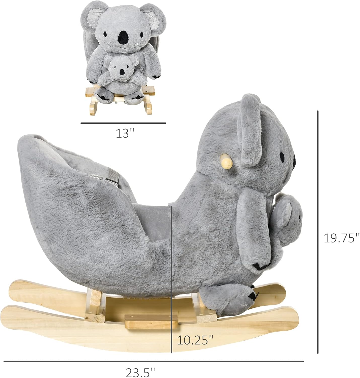 Qaba Kids Ride-On Rocking Horse, Koala-Shaped Rocker with Realistic Sounds for Children 18-36 Months, Gray