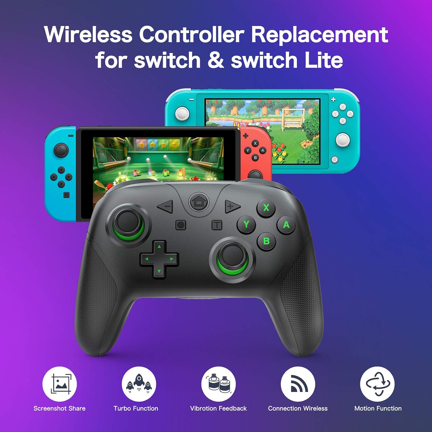 YCCTEAM Pro Controller Compatible with Switch/Switch Lite Support Gyro Axis and Turbo, Wireless Remote Gamepad with Dual Vibration and USB Cable, Lower Version Wake-up & NFC Function