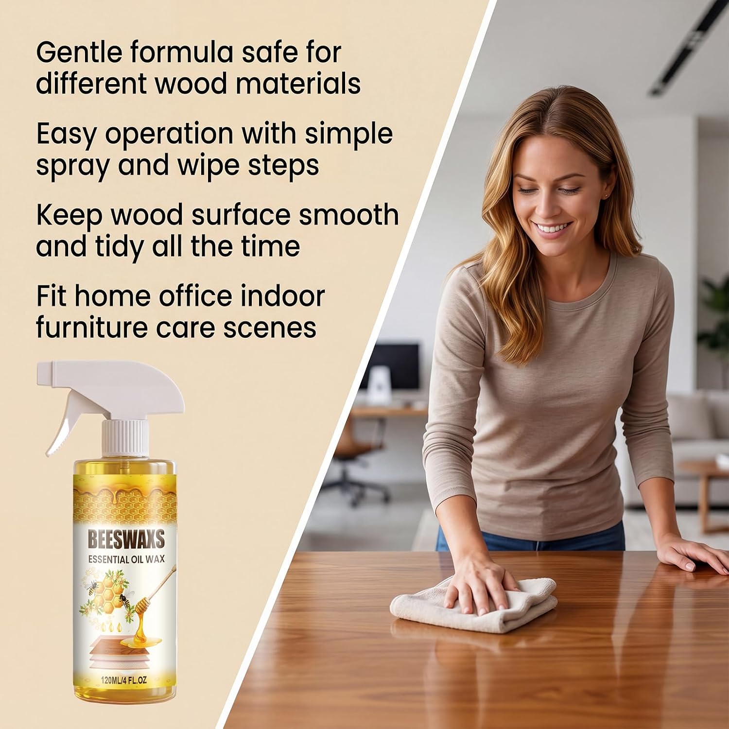 Beeswax Wood Polish Spray, Beeswax Essential Oil Wax, Natural BeeswaxCleaner for Furniture Floors Cabinets，（Including sponges and towels，1Pcs）
