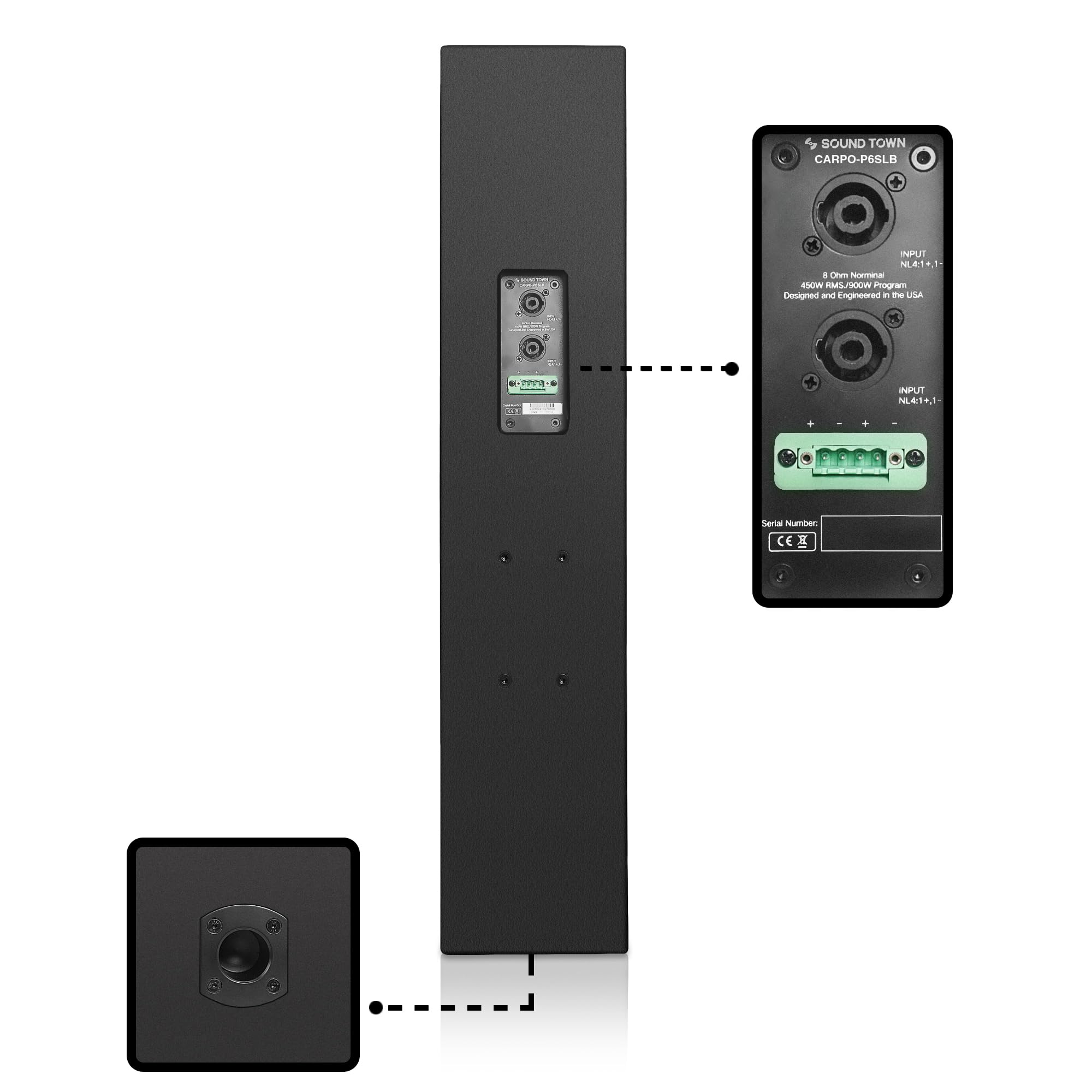 Sound Town Altavoz pasivo de alta potencia de 900 W de línea de columna inclinada, woofers de 4 x 5 pulgadas, controladores HF duales, madera contrachapada de abedul, cobertura vertical asimétrica