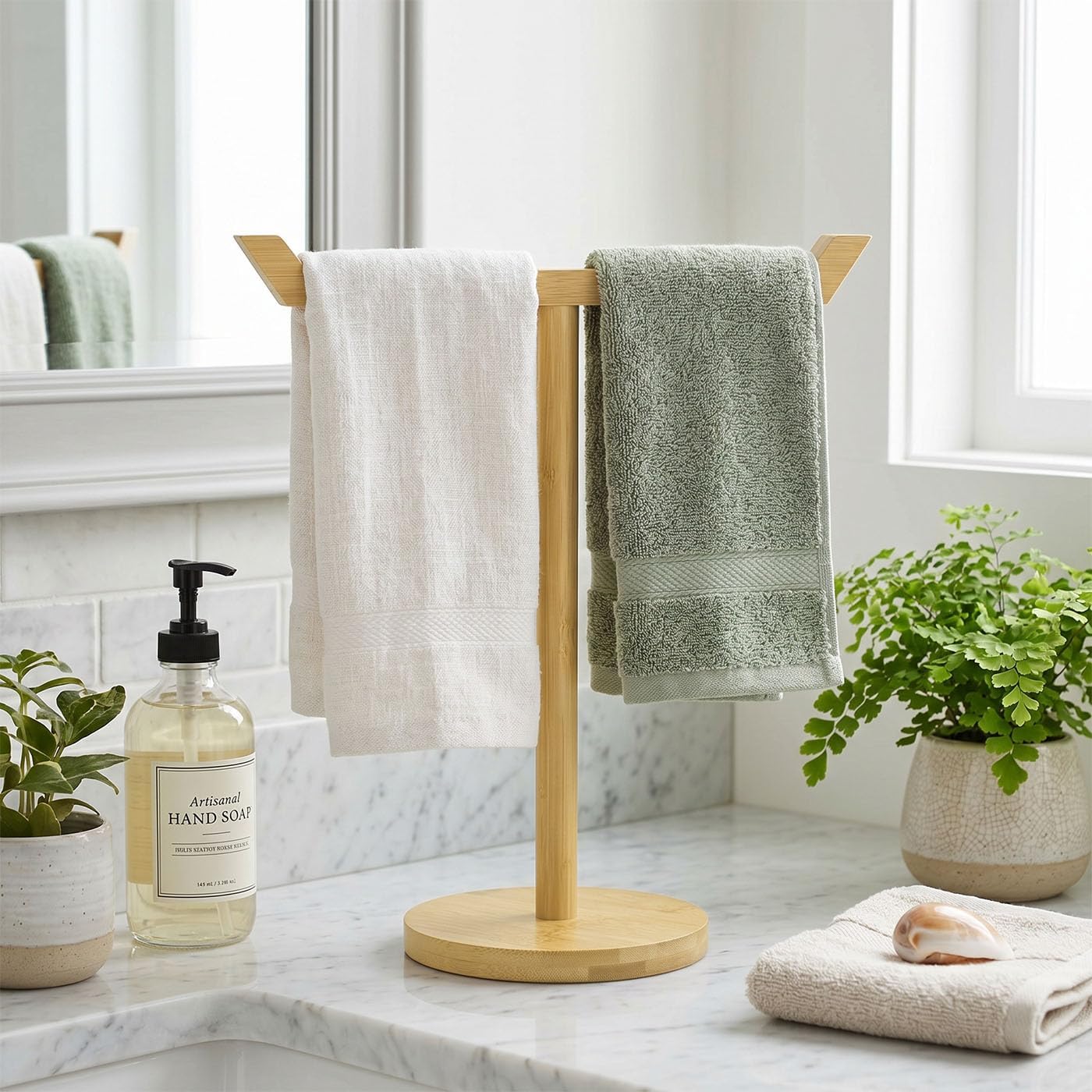 Bamboo & Wooden Hand Towel Holder Stand，Countertop T-Shape Towel Rack for Kitchen and Bathroom