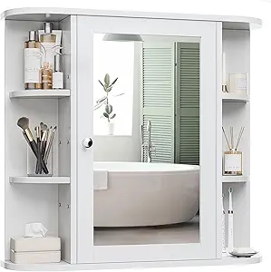 Meilocar Bathroom Medicine Cabinet with Mirror and 6 Open Shelves, Wall Mounted, White