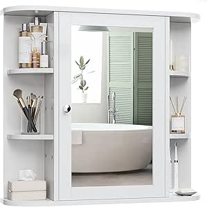 Bathroom Medicine Cabinet with Mirror and 6 Open Shelves, Wall Mounted, White