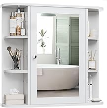 Meilocar Bathroom Mirror Cabinet Wall Mounted, Bathroom Medicine Cabinet with Mirror and 6 Open Shelves, White Bathroom Wall Cabinet Medicine Cabinet for Bathroom Laudry Room, White