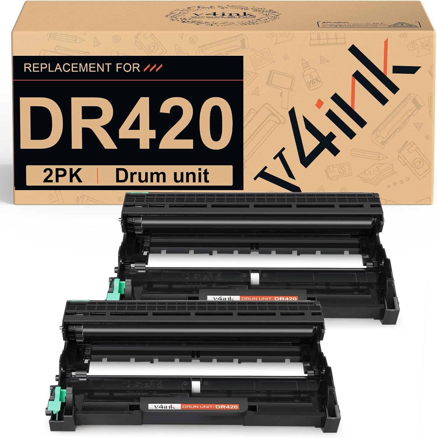 v4ink 2PK Compatible DR420 Drum Replacement for Brother DR420 DR-420 Drum Unit for Brother HL-2130 HL-2135W HL-2230 HL-2240 HL-2240D MFC-7240 MFC-7360 MFC-7365DN IntelliFax-2840 2940 Printer
