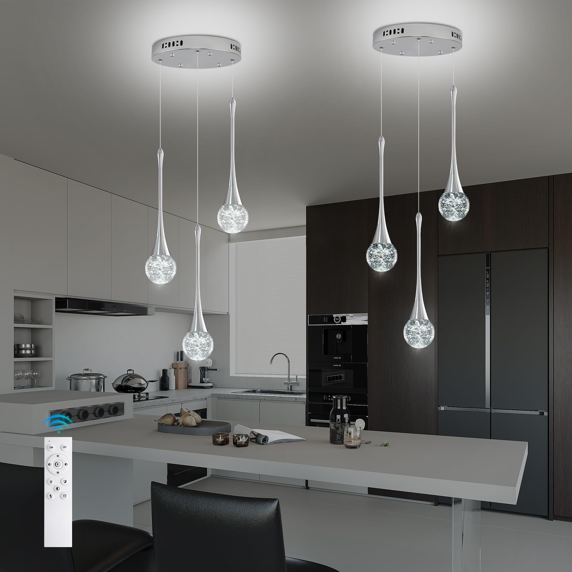 Modern Crystal Kitchen Island Chandelier 3-Lights Chrome LED Dimmable Raindrop Indoor Lighting Fixture for Dining Room Foyer Entryway
