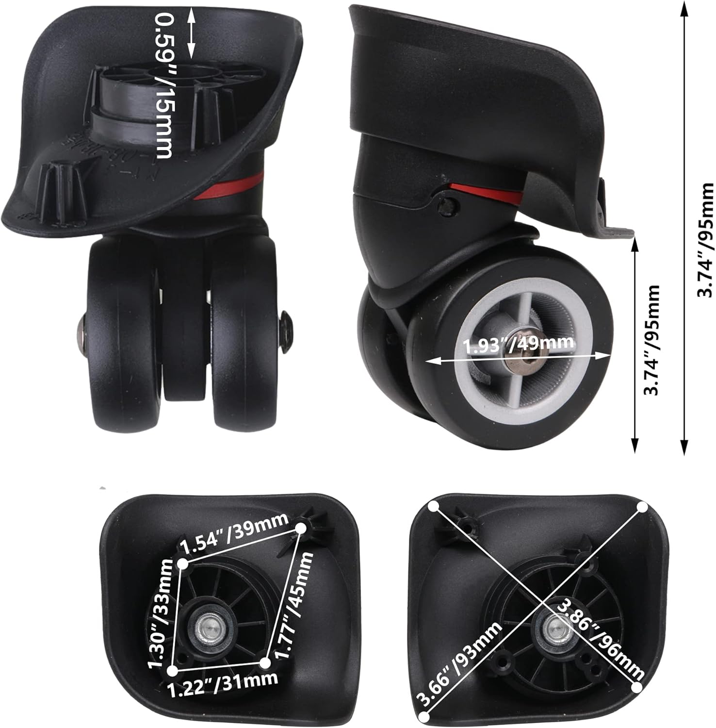 2 Pair Replacement Wheels for Luggage 360 Swivel Dual Suitcase Casters Roller Black (W042)