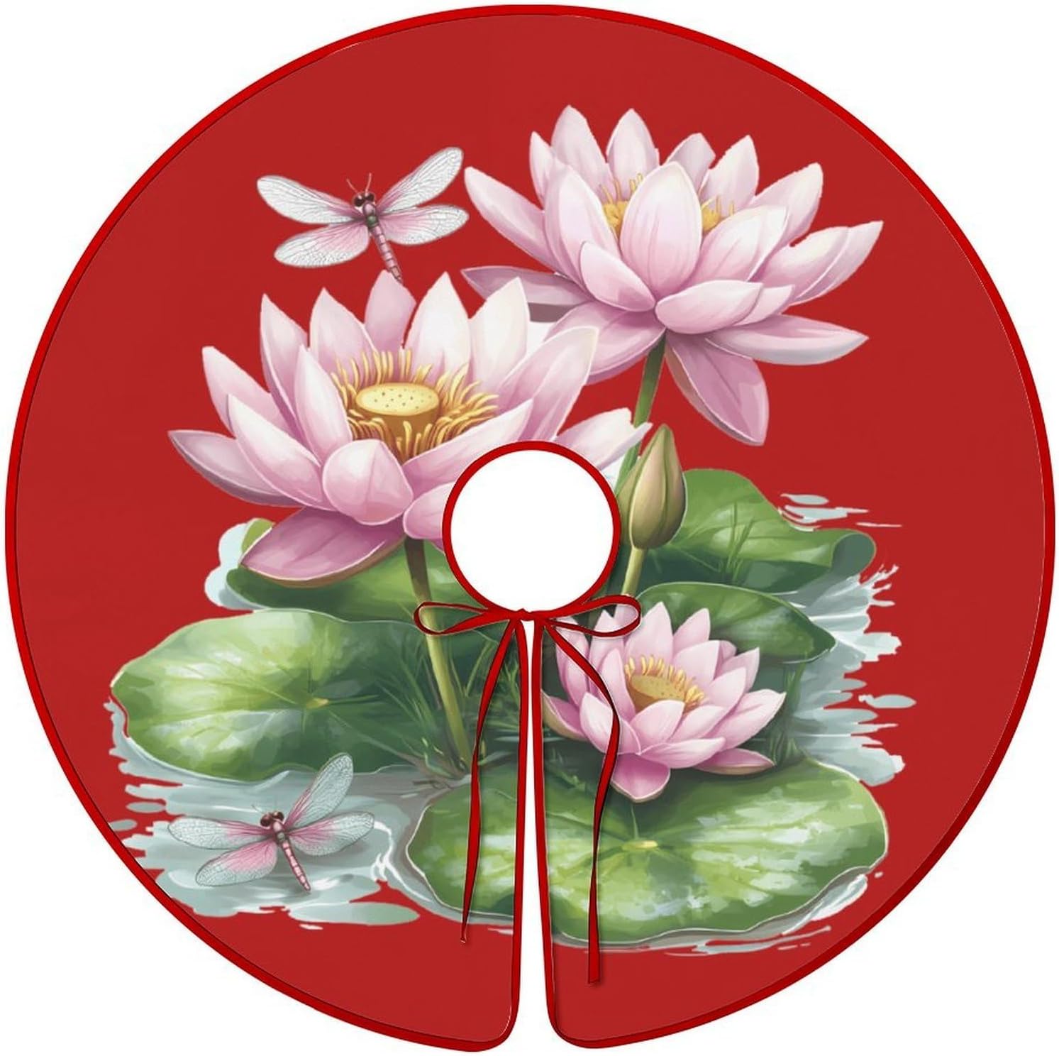 Lotuses Dragonfly Christmas Tree Skirt Ornaments Christmas Tree Mat for Home Party Holiday Decorations