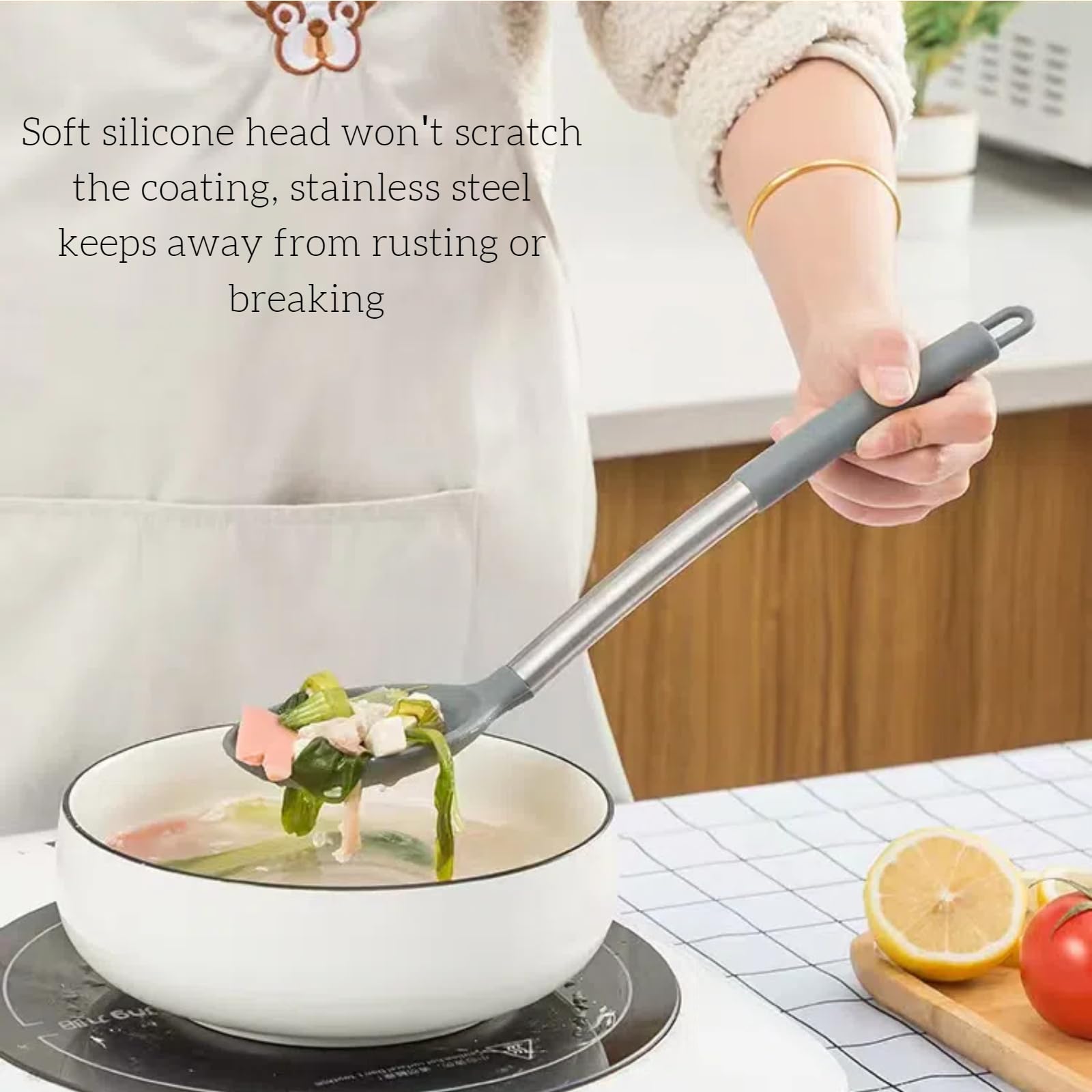 Juego de cucharas de cocina sólidas de silicona (13.2 pulgadas), paquete de 3 cucharas de servidor antiadherentes con mango grande de acero inoxidable resistente al calor 600 °F, cuchara de 4