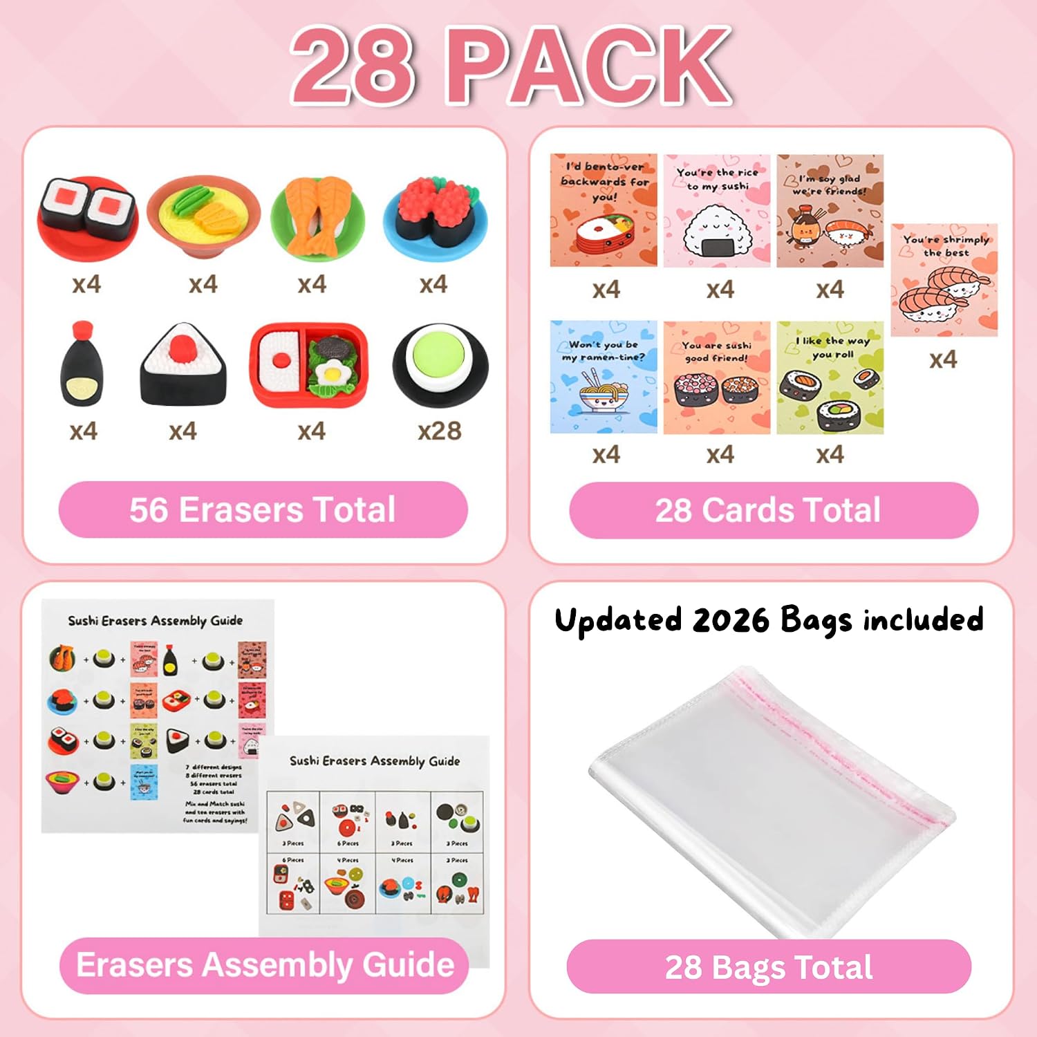 NUJOVI 28-Pack Premium Valentine's Day Gifts for Kids with Sushi Erasers - Ideal for Valentines Day Cards for Kids School, Kids Valentines Day Cards, Valentines Day Gifts for Kids Classroom image 2