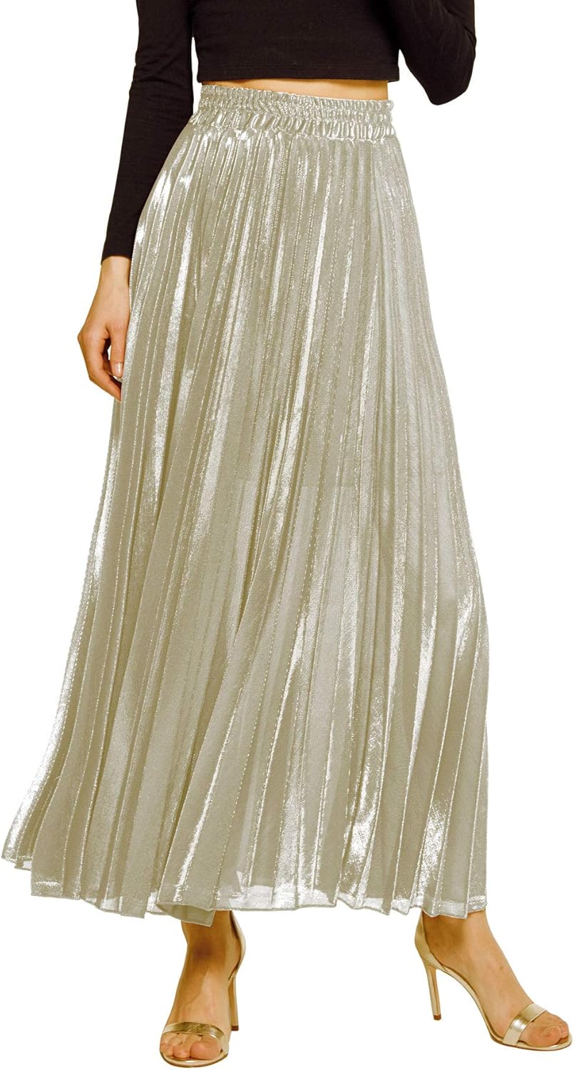 CHARTOU Women's Premium Metallic Shiny Shimmer Accordion Pleated Long Maxi Skirt