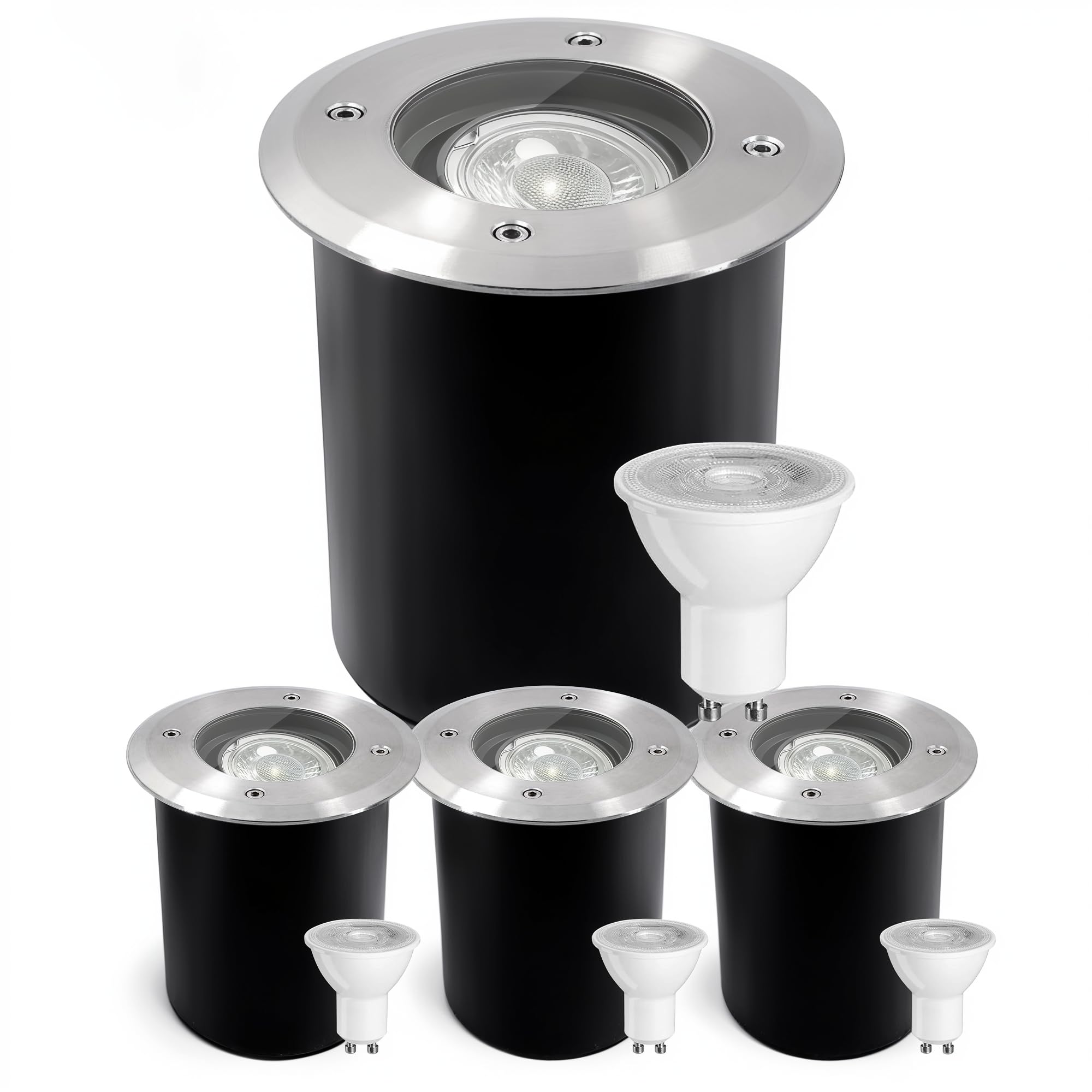 JNR Edelstahl Bodenstrahler Außen Schwenkbar GU10 IP67 Wasserdicht mit LED 5W 3000K Warmweiß Glühbirne, Bodeneinbaustrahler Aussen 230V Bodenleuchten Außen (4-Silber)