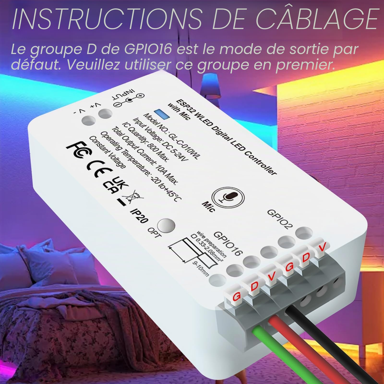 Contrôleur WLED ESP32 avec microphone - Contrôleur numérique LED pour bandes LED RVB / RGBW addressables (WS2812B, WS2811, SK6812) - 5-24 V CC - Contrôle de la lumière DIY avec 100 effets