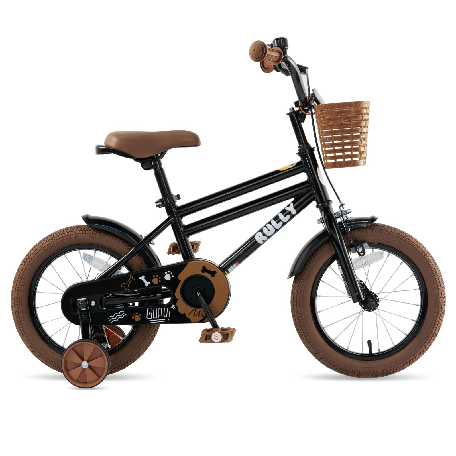 RULLY 16" Boys Bike for Ages 4–7, Kids Bicycle with Training Wheels, Coaster Brake, Hand Brake, Front Basket, Safe & Stable, Black
