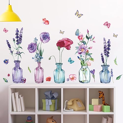 Calcomanías de pared de acuarela 3 jarrones, flores coloridas, calcomanías de pared florales en jarrón, calcomanías de pared para bricolaje, plantas