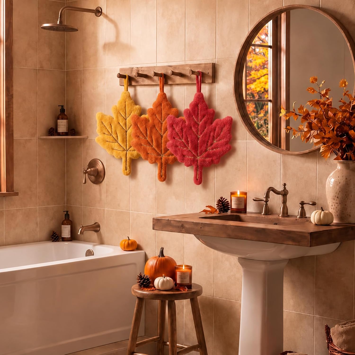 Panelee 3 Pack Fall Maple Leaf Hand Towels with Hanging Hooks