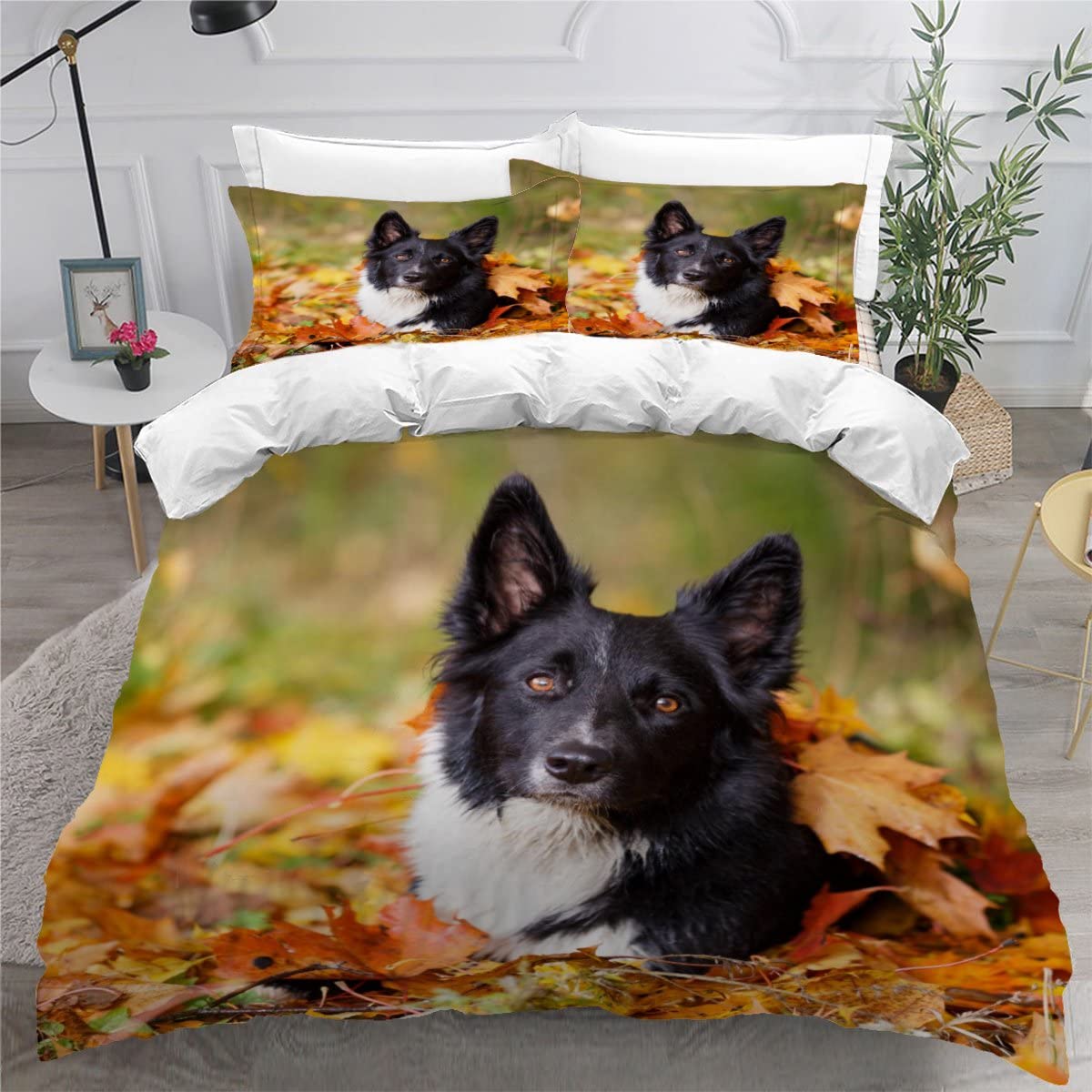 LUORU Teens Double Duvet Covers Set 3D Printed Childrens and Adults Double Bedding Duvet Set Border collie black and white dog Hypoallergenic Fluffy Bedding Set for Small Double 200x200 cm
