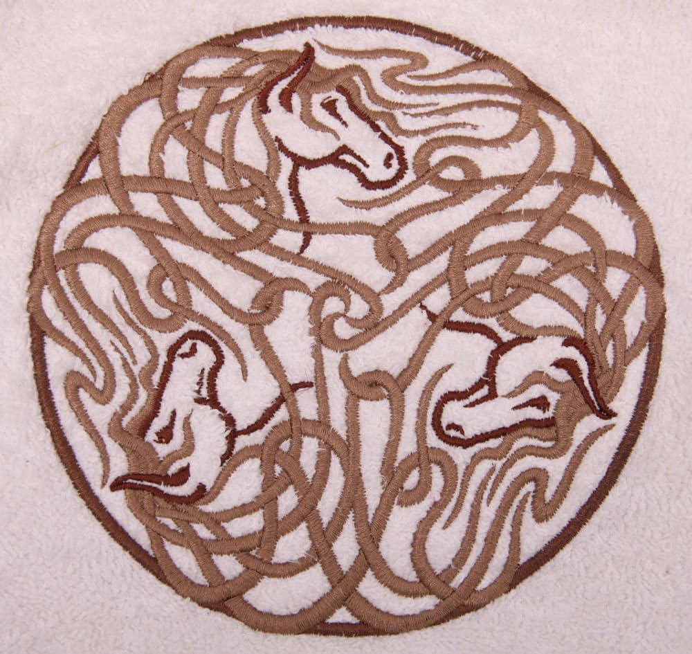 Bath Towel Set with Embroidered Celtic Horses Design - White