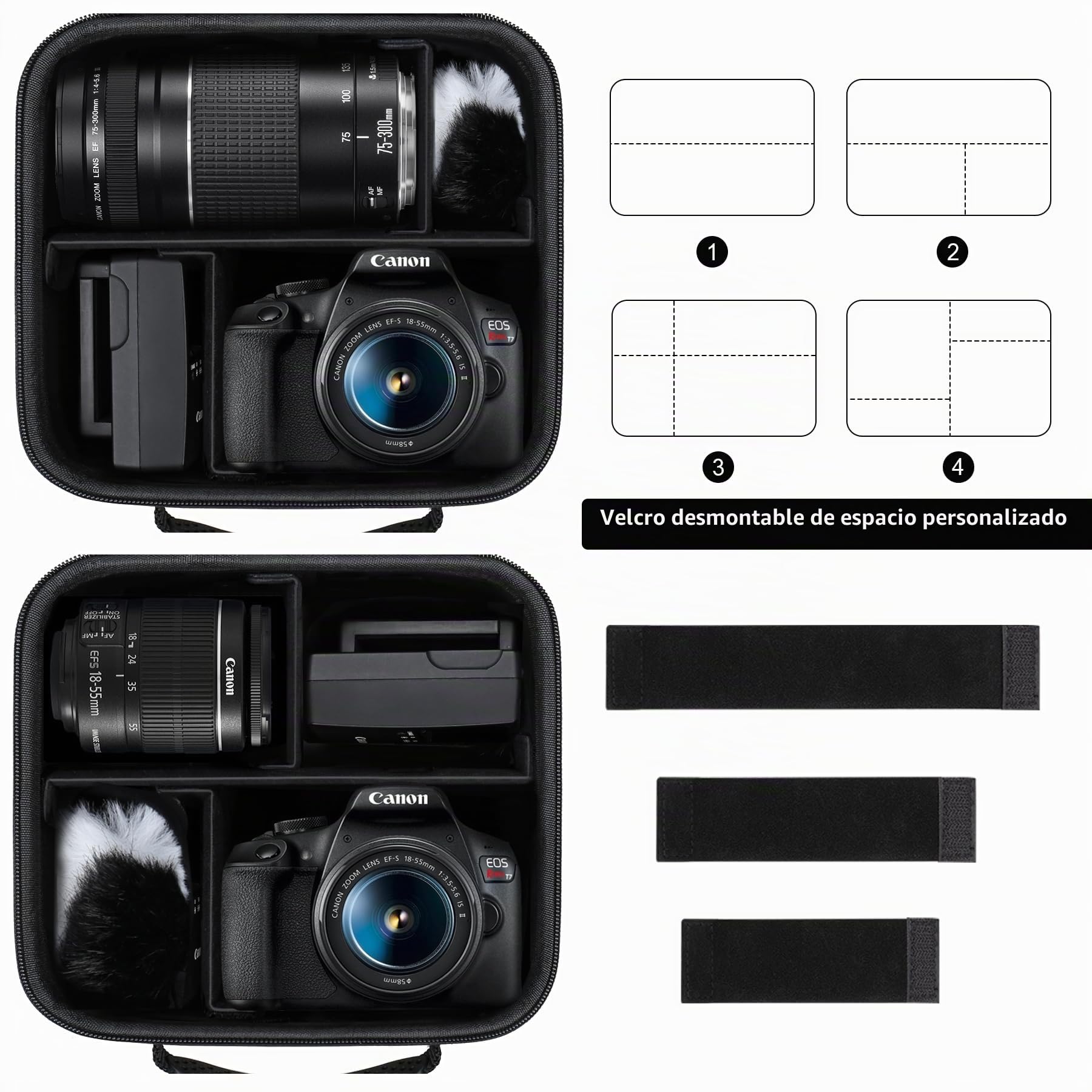 Funda de Viaje Dura para cámara DSLR Canon EOS Rebel T7 / EOS R50 / R6 Mark II / R100 / R50V / R8 / R7 / R10 sin Espejo, Lente, trípode con 3 Piezas de divisores y Correa de Hombro, Negro
