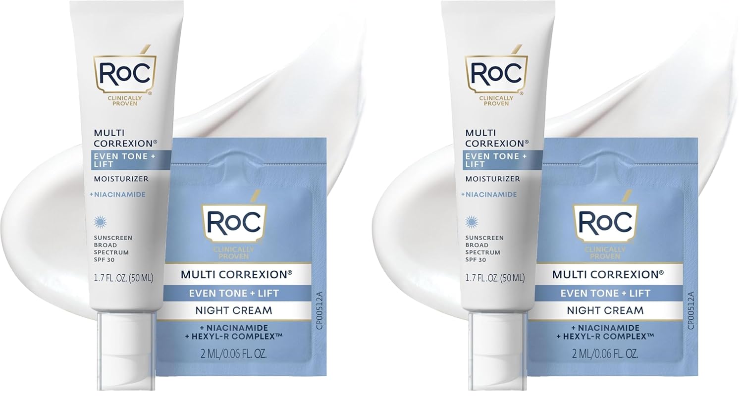 RoC Multi Correxion 5 in 1 Anti-Aging Daily Facial Moisturizer for Women and Men, Broad Spectrum SPF 30 & Shea Butter (1.7 oz) with Night Cream Packette (Packaging May Vary) (Pack of 2)