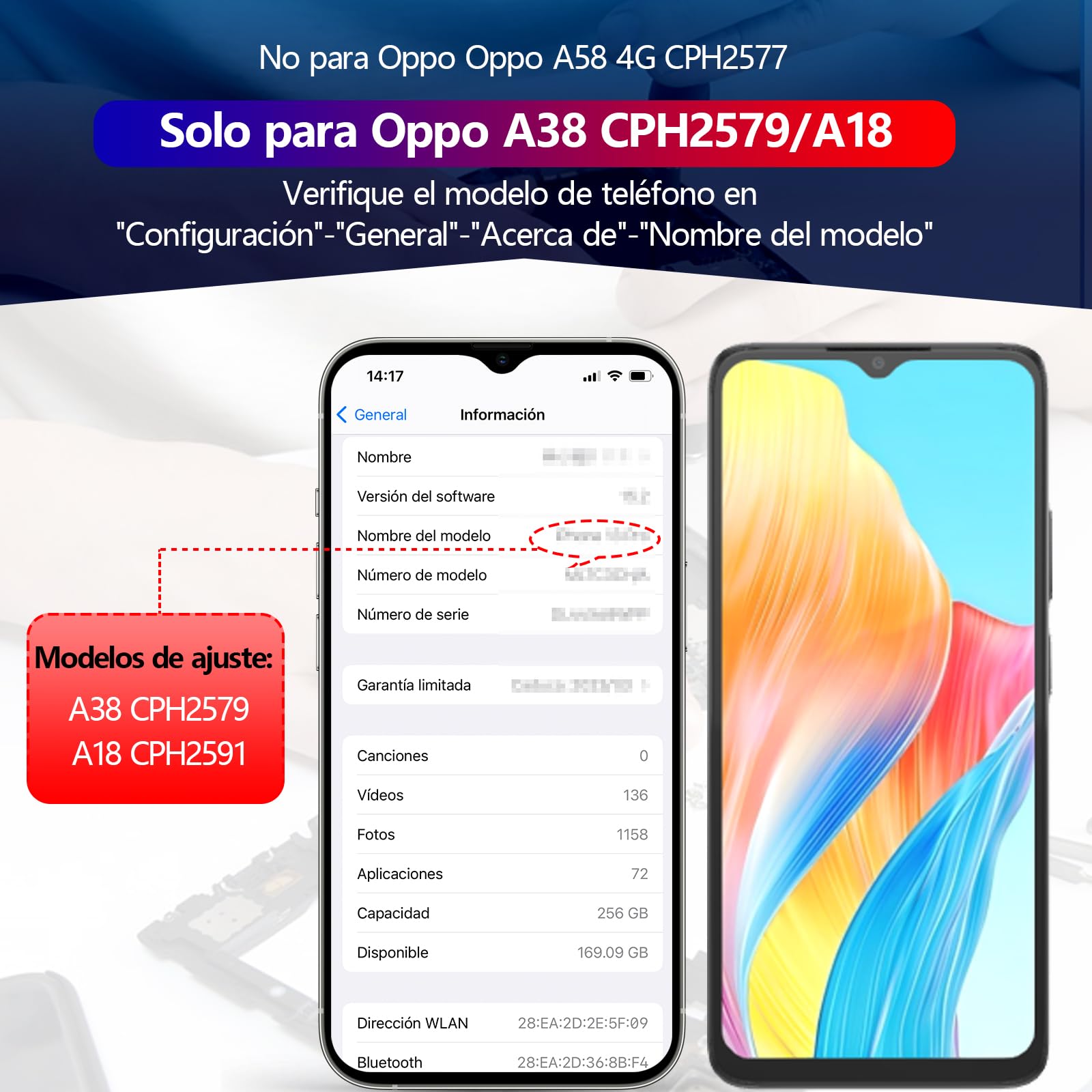 RongZy Pantalla para OPPO A38 CPH2579 Táctil LCD de Repuesto Ensamblaje Digitalizador Reemplazo para OPPO A18 CPH2591 con Herramientas de Reparación (Negro con Marco)