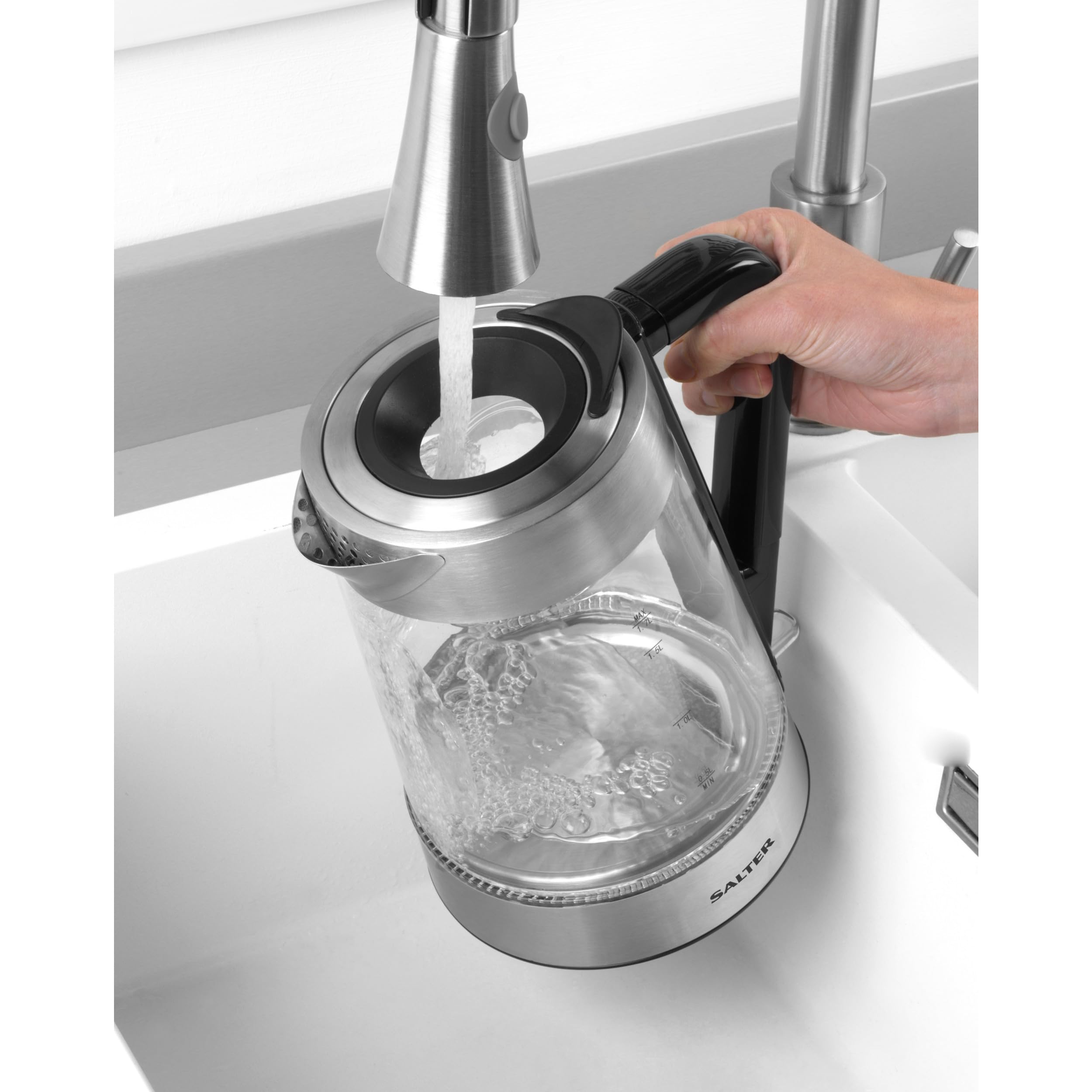 Salter Hervidor de vidrio que cambia de color - 1,7 L, iluminación LED de azul a rojo, tapa de presión de agua de fácil llenado, filtro antical, sin BPA, sensor de ebullición en seco, EK5078SSFVDE