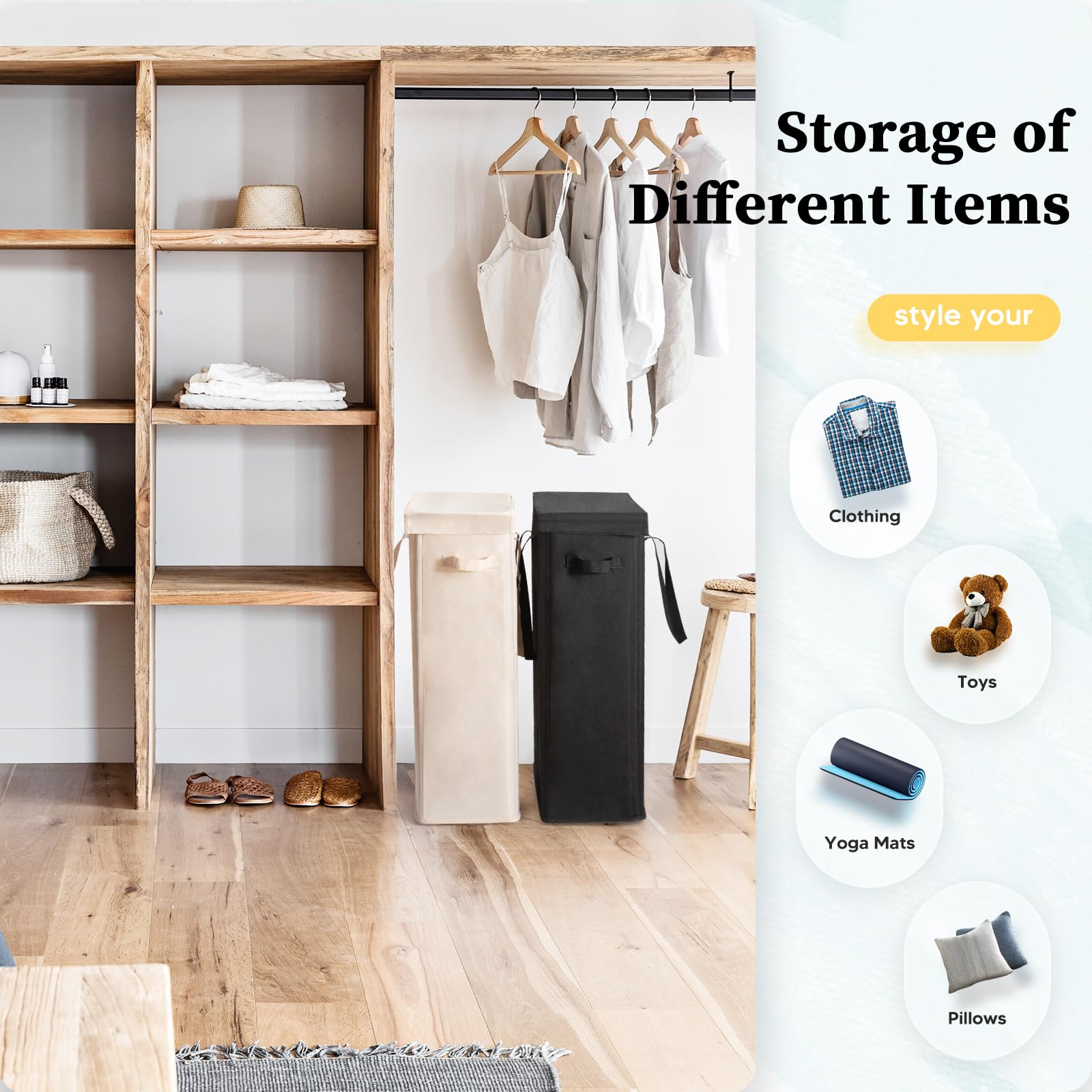 Cesta de Lavandería Estrecha con Manija Larga 55L Tela Oxford Cesto para la Colada Delgada con Tapa y Asas Cesta de Ropa Sucia Plegable Cesta de Almacenamiento, para Dormitorios(Beige)