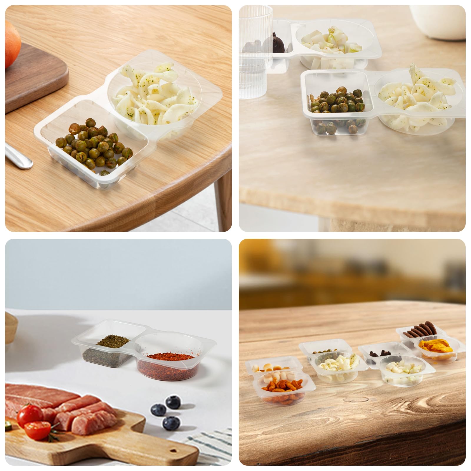 Contenedores de aperitivos de doble compartimento con tapas, caja de preparación de aperitivos, 2 compartimentos, recipientes para condimentos (30 piezas)