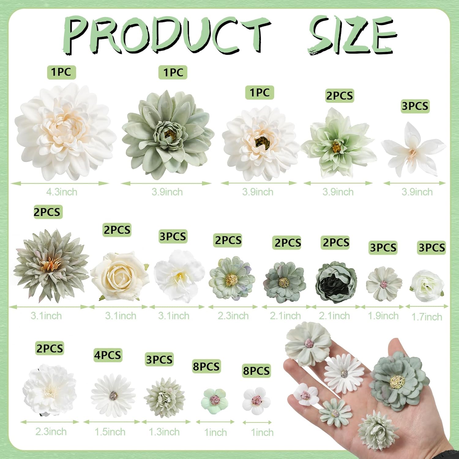 Artificial Flowers Heads Combo White Green Flowers Mix Silk Flowers Dahlia Roses for Graduation Cap DIY Cake Wedding Party Floral Arrangement Table Centerpieces Home Decorations - Image 2
