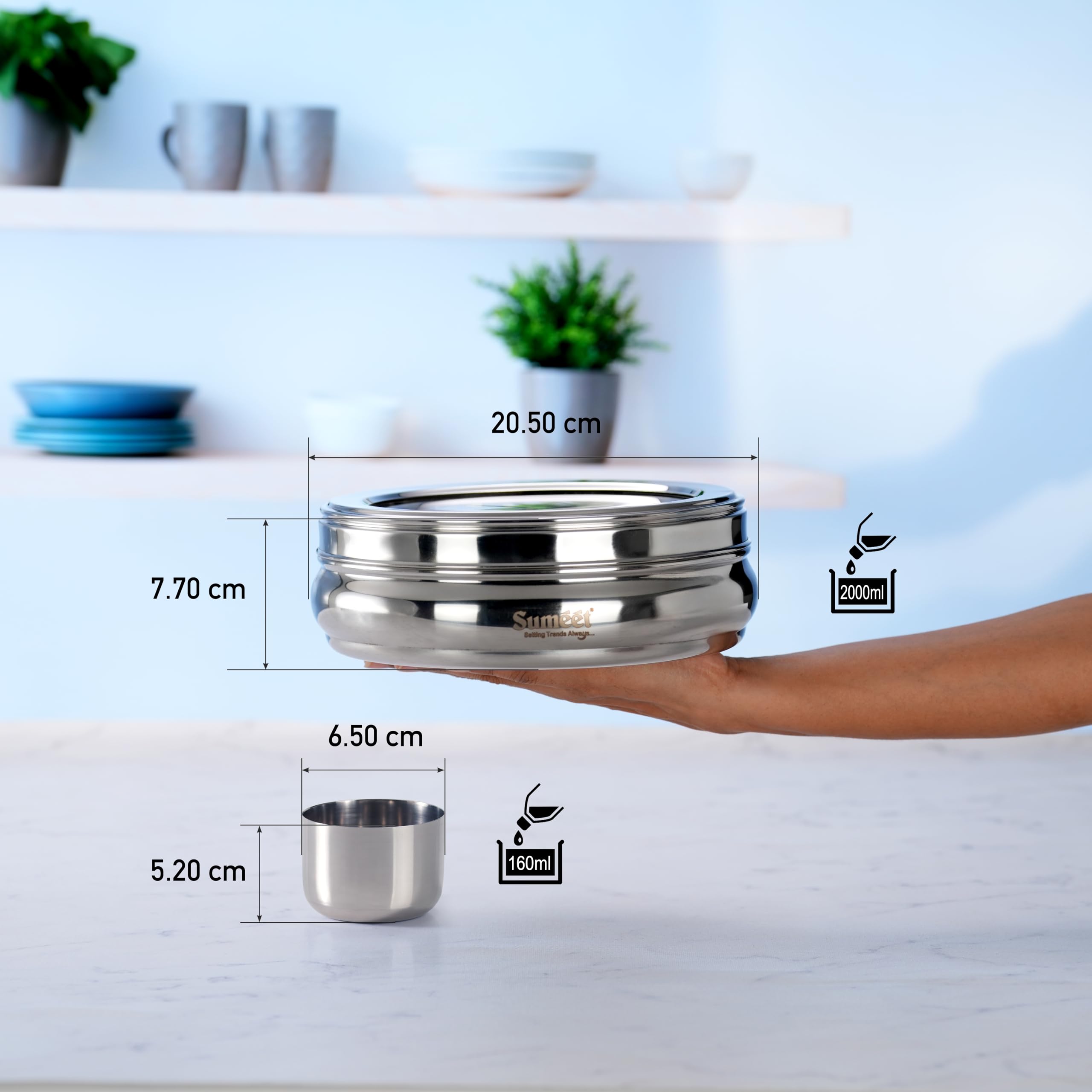 Sumeet Stainless Steel Belly Shape Masala (Spice) Box/Dabba/Organiser With See Through Lid With 7 Containers And Small Spoon (Big), Beige 2