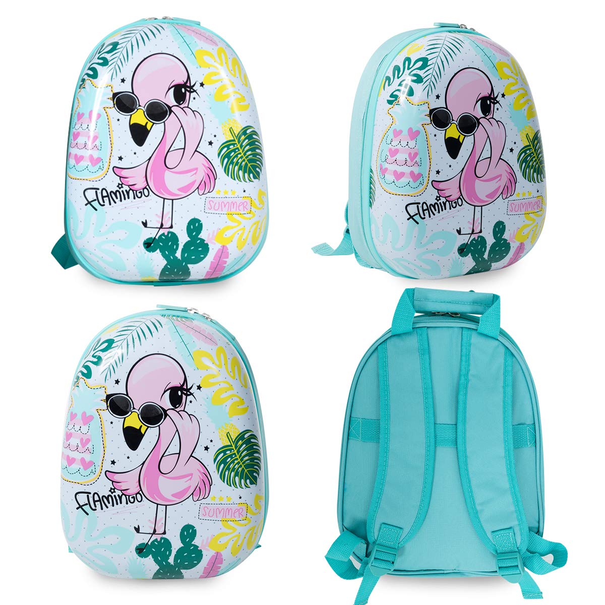 COSTWAY Valise Enfants à roulettes 16’’ & Sac à Dos 12’’ avec Poignée Télescopique, Bagage Enfants avec Motif Flamants, 4 Roues Rotatives, Lot de 2 Valise pour Fille Garçon