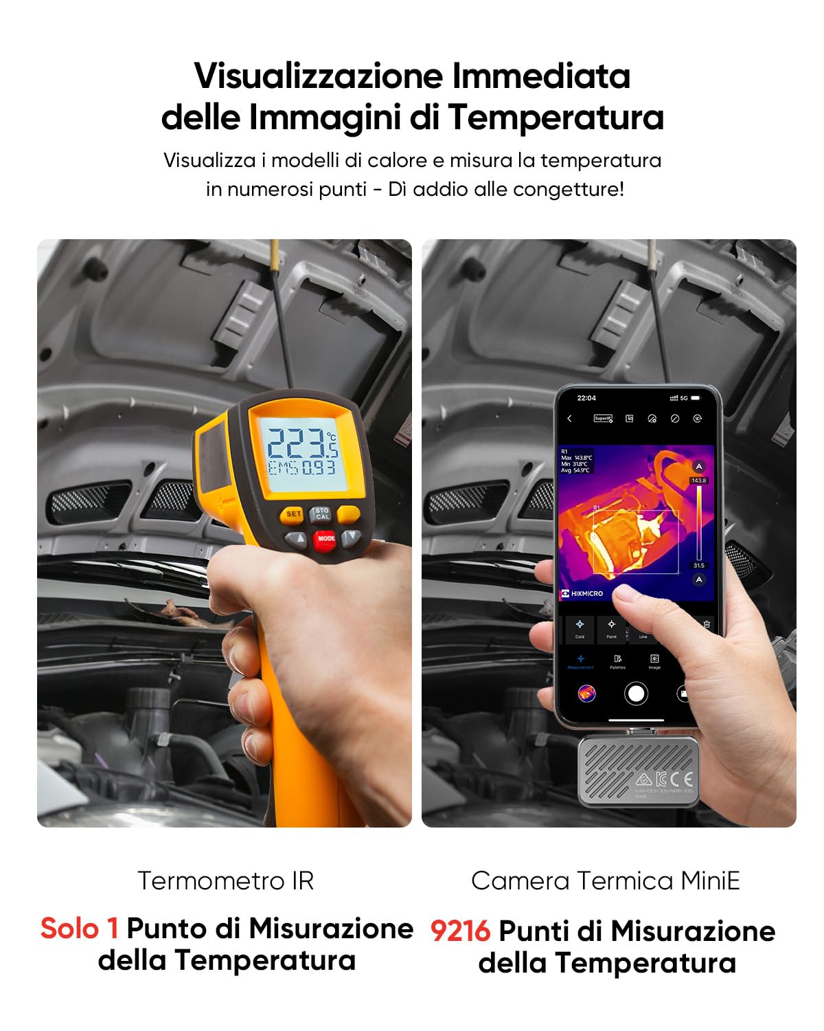 Termocamera HIKMICRO MiniE Android/iOS, risoluzione IR 96×96, SuperIR 192×192, senza batteria, porta USB-C, compatibile con iPhone 15/16/17 (accessori esclusi)