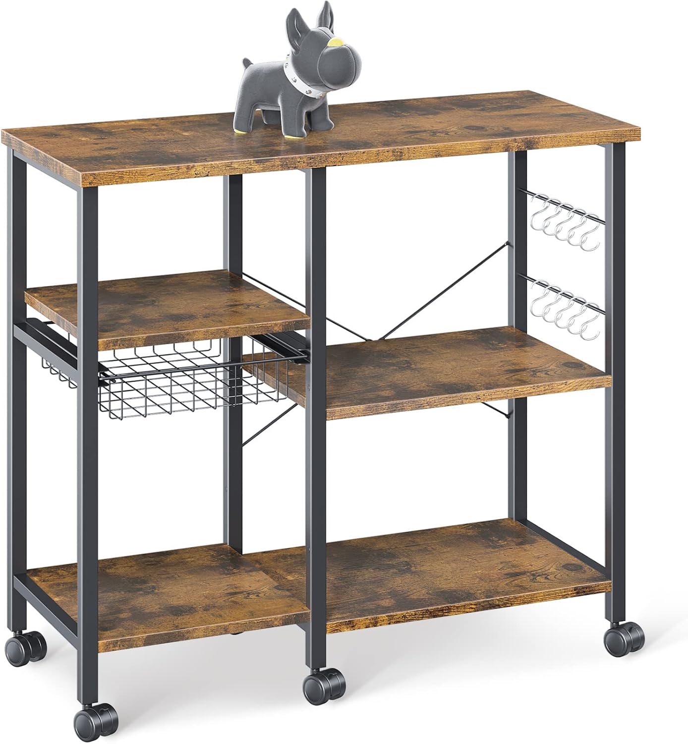 ODK Kitchen Bakers Rack, Utility Storage Shelf Microwave Oven Stand, 3-Tier+4-Tier Coffee Bar Table with 10 S-Shape Hooks, for Spice Rack Organizer Workstation, Metal Frame, Vintage Brown