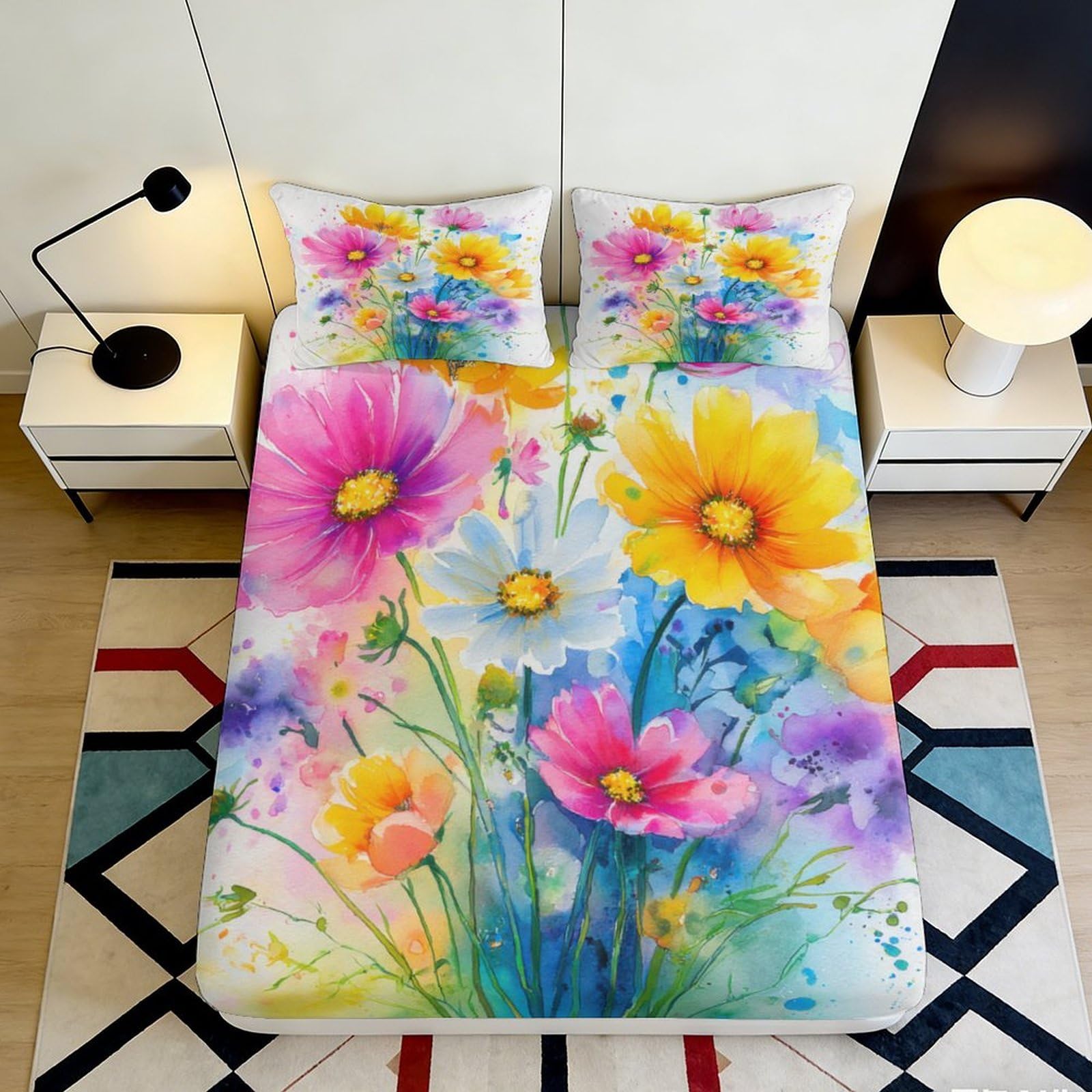 Pnayamiorkfel Style-5 3D Printed Watercolor Floral Fitted Sheet Microfiber Soft Colorful Blossom Bed Cover Anti-Slip Easy Care For Bedroom Guest Room 90X200x25cm