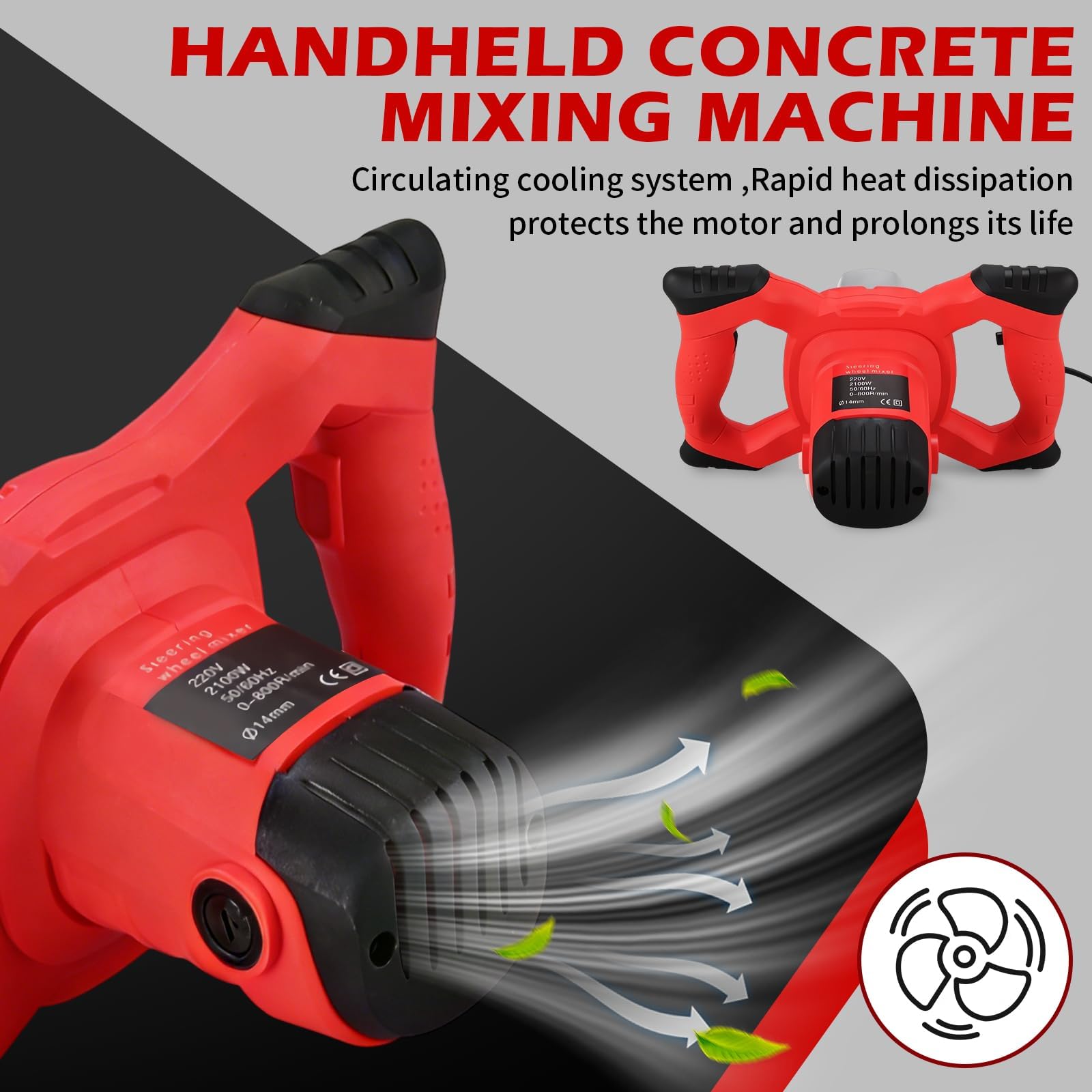 Máquina Mezcladora De Concreto Eléctrica, Mezclador De Cemento De 2100 W Con 6 Configuraciones De Velocidad Ajustable, Mezclador De Lodo Portátil Para Mezclar Concreto, Barro, Mortero, Yeso, Pintura
