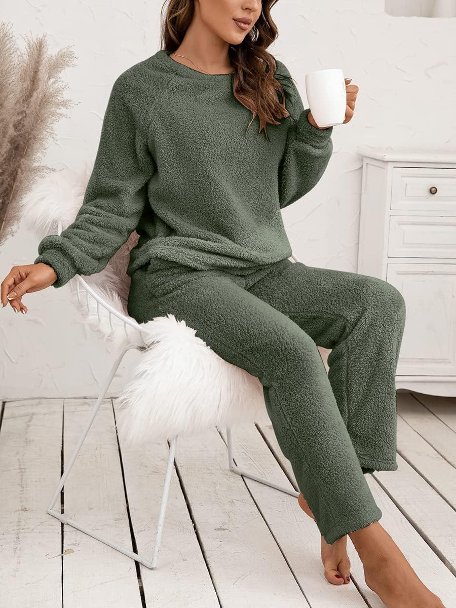 Generisch Ensemble pyjama pour femme en polaire à manches longues - Pyjama deux pièces pour l'hiver - Vêtement de nuit chaud avec pantalon de pyjama et haut