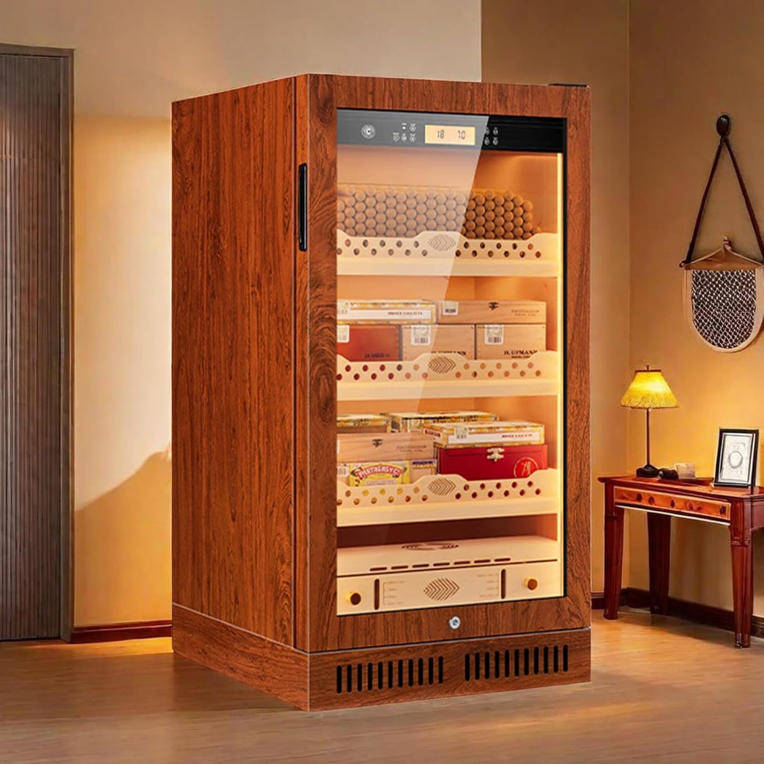 Electric Cigar Humidor with Temperature Control, Large Capacity, LED Display, Spanish Cedar Drawer, Built-in Light for Storage