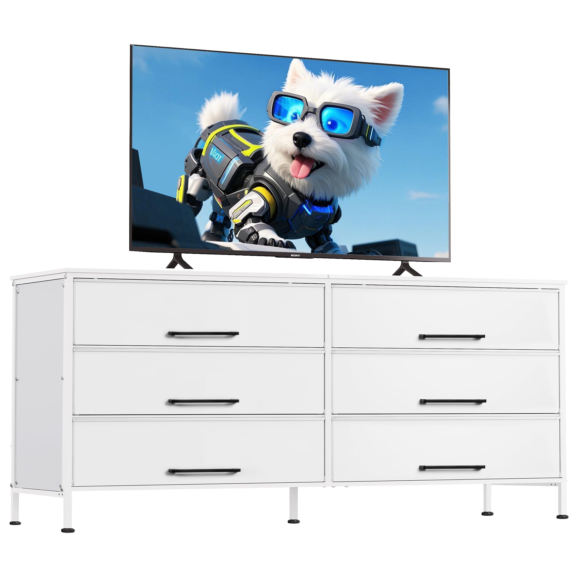 WLIVE White Dresser TV Stand for 60, 65, 70 inch TV, Fabric Wide Dresser with 6 Drawer, TV Media Console Table with Wood Top, Adjustable Feet for